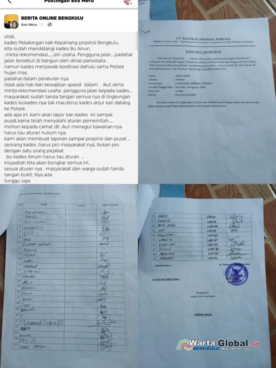 WARGA DESA PEKALONGAN KABUPATEN Kepahiang BERKELUHAN: Kades Ainun Enggan Tanda Tangan Rekomendasi Usaha Galian C — Malah Suruh Koordinasi ke Polsek Hujan Mas!?
